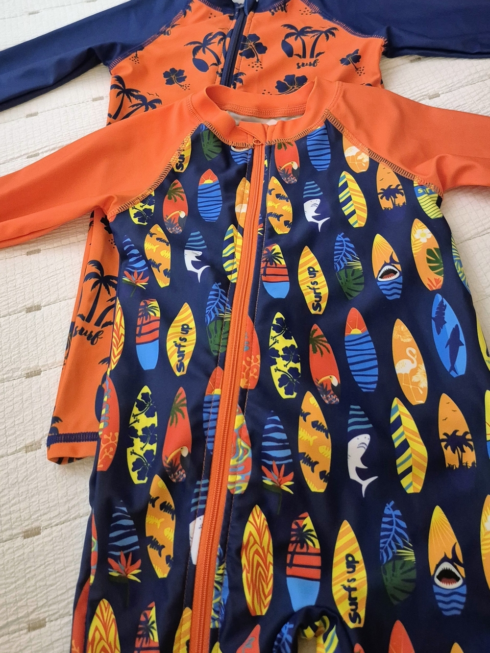 2 For 1 Kids Long Sleeve Zippered Rash Guard Swimsuit - Orange & Navy Surf Print